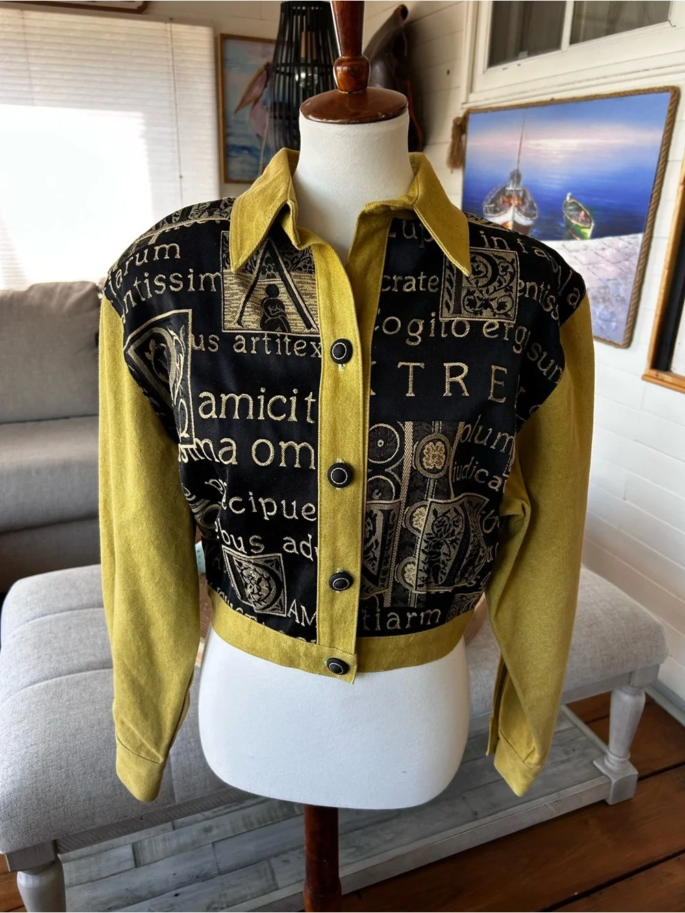 Cache Vintage Cropped Art Print Jacket Size M Olive & Black Statement Jacket